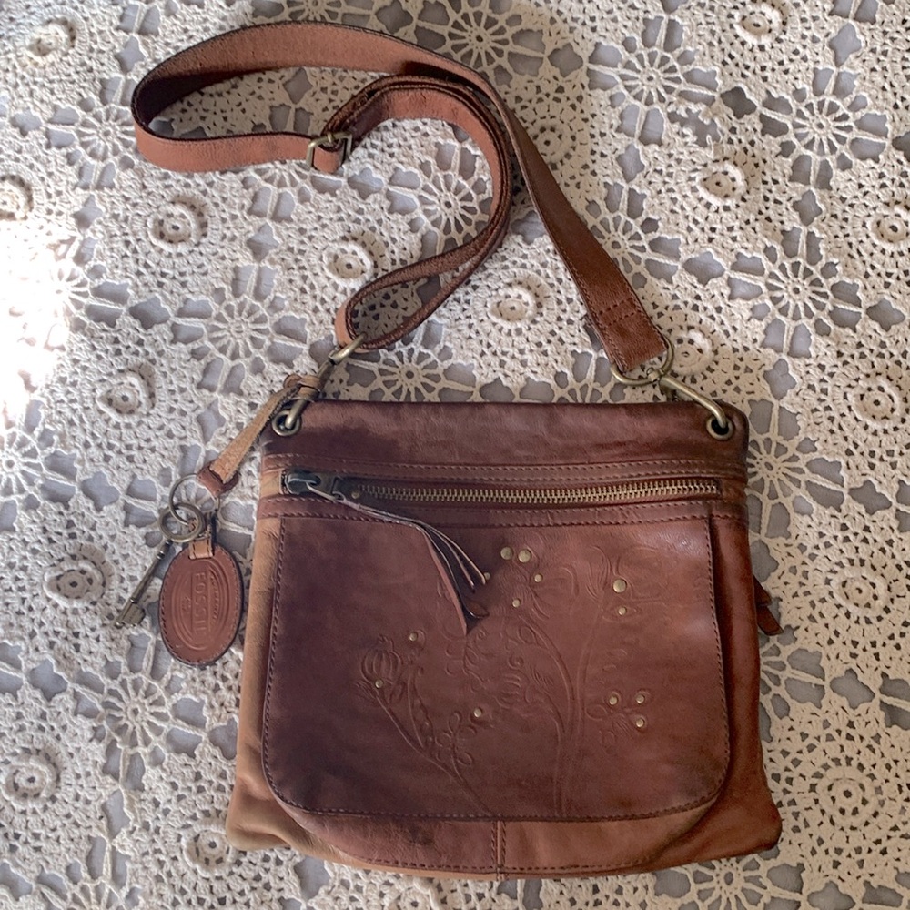 Vintage Style Fossil Brown Leather Crossbody Adjustable Messenger Bag